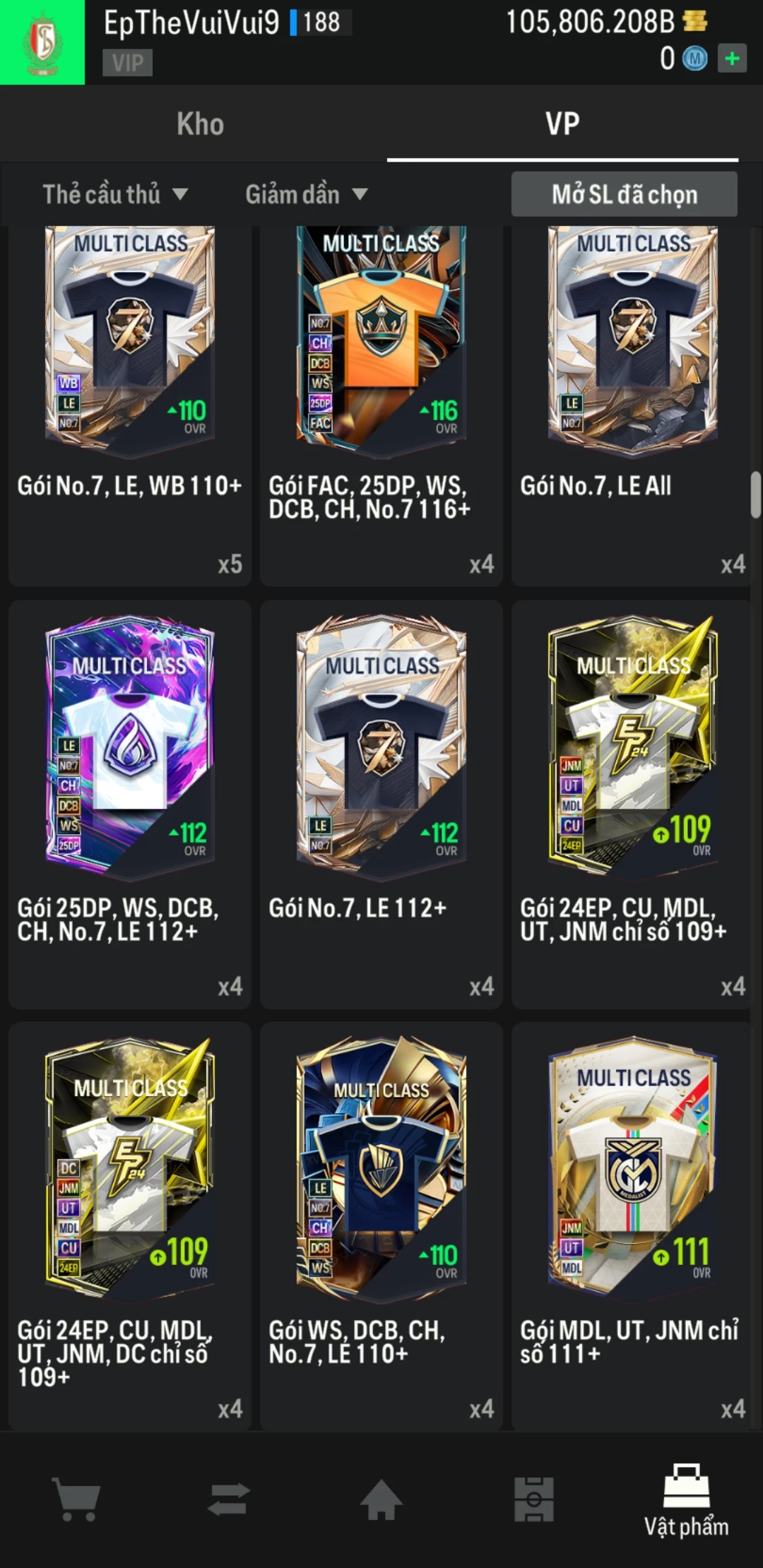 Ảnh ACC mở thẻ (LOẠI SVIP PROMAX) bao gồm có 01 thẻ +12, 03 thẻ PRIME (QH+, CP+, XS+) và hơn 1500+ đến 1600+ thẻ cầu thủ từ Siêu sao đến Miền núi các loại. Acc có sẵn BP trắng từ 90.000 tỷ BP đến 110.000 tỷ BP kèm theo nhiều ngày SVIP